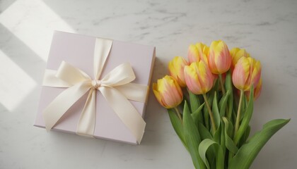 Beautiful bouquet of yellow and pink tulips lies next to a light purple gift box with a cream ribbon bow on a white marble surface with soft window light