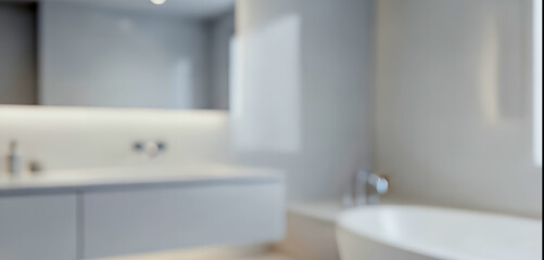 A fully blurred modern bathroom with white and grey tones blending into soft gradients, forming a clean, abstract interior background with gentle haze.