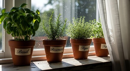 Four Fresh Culinary Herbs Growing in Terracotta Pots on a Sunny Windowsill