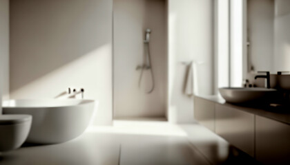 A fully blurred modern bathroom with white and grey tones blending into soft gradients, forming a clean, abstract interior background with gentle haze.