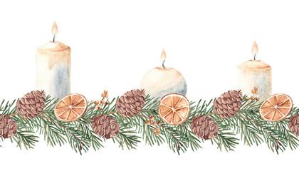 Christmas Advent Horizontal Watercolor seamless border pattern. Candles with Fir Branches and Orange slices. Cozy home decoration in Rustic style. Hand drawn illustration isolated on white background