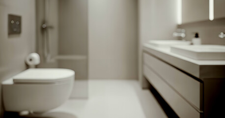A fully blurred modern bathroom with white and grey tones blending into soft gradients, forming a clean, abstract interior background with gentle haze.