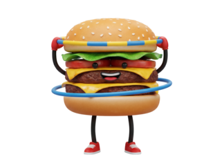 Cartoon burger character with hula hoop isolated PNG, funny fast food mascot on transparent background for menu and advertising