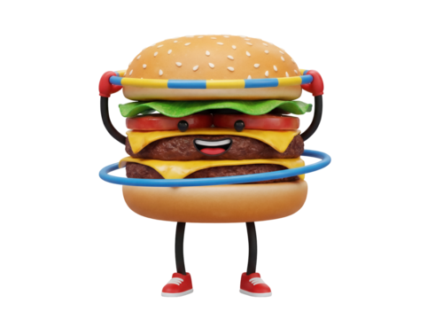 Cartoon burger character with hula hoop isolated PNG, funny fast food mascot on transparent background for menu and advertising