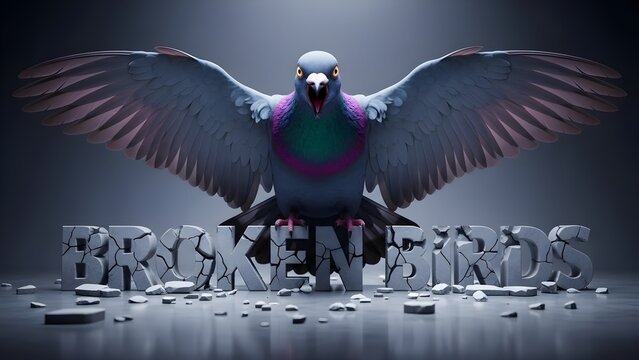 A powerful pigeon with wings spread wide stands over the shattered text 'Broken Birds'.