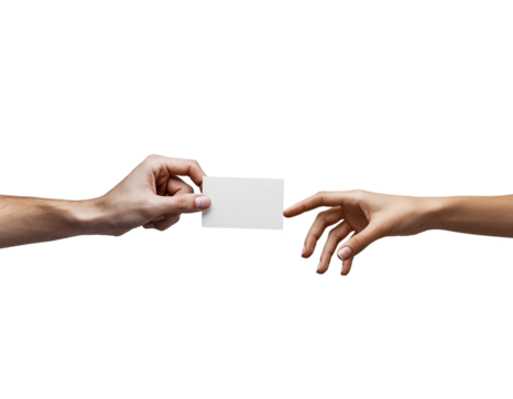 Male hand gives blank business card to female hand for contact isolated on transparent background