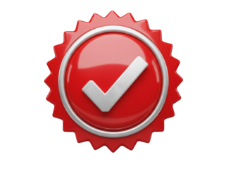 Red badge with check mark isolated PNG, seal of approval graphic for quality assurance and verification on transparent background