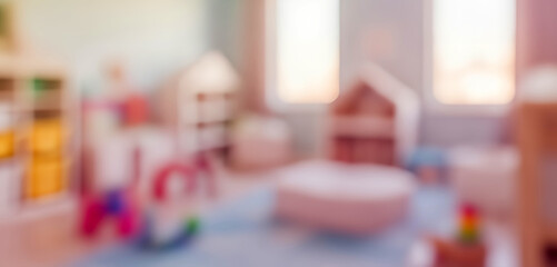 A fully blurred playroom with pastel gradients, warm lighting, and hazy toy shapes blending into a soft, cheerful abstract interior background.