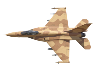 Camouflaged F-16 Fighting Falcon PNG isolated on transparent background, modern military jet fighter for defense and aviation themes