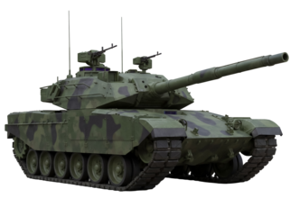 Camouflaged main battle tank PNG isolated on transparent background, modern military vehicle for army and defense purposes