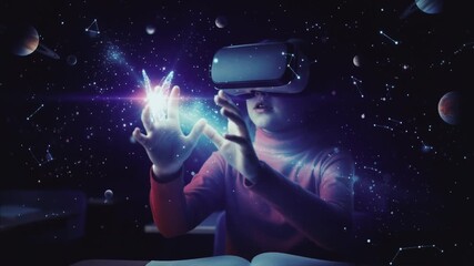 Young girl wearing a VR headset interacts with a glowing holographic butterfly. Student learning astronomy with virtual reality technology in a space-themed classroom. Future education concept - Powered by Adobe