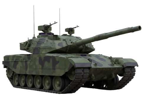 Camouflaged main battle tank PNG isolated on transparent background, modern military vehicle for army and defense purposes
