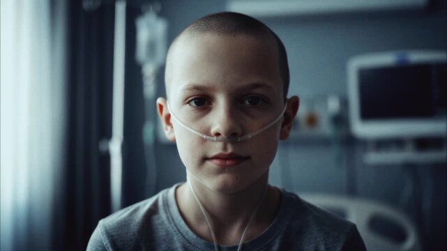 Portrait of a young boy with cancer in a hospital room. Sick child with shaved head and oxygen tube looking at camera. Pediatric oncology and leukemia treatment concept