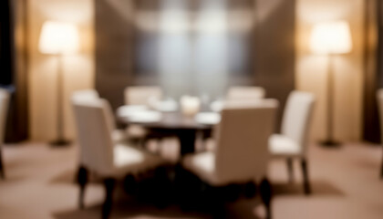 A fully blurred dining room with warm lighting, soft furniture silhouettes, and gentle gradients forming an elegant abstract interior background.
