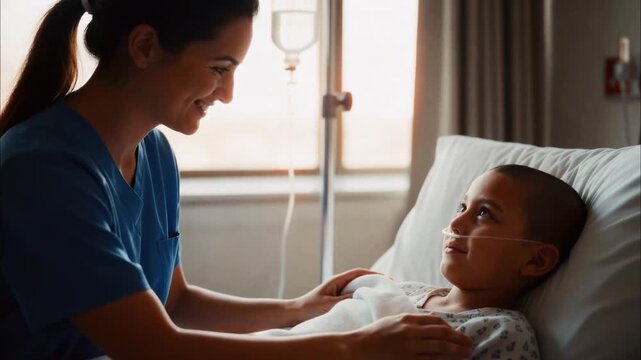 Caring nurse tucking young boy into hospital bed. Female medical professional comforting sick child with nasal cannula. Pediatric healthcare and recovery concept