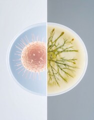 Visual dichotomy of microscopic life. A peach spiked virus in a light blue petri dish contrasts with branching green mold on yellow agar in a dark dish.