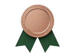 Bronze medal with green ribbon isolated PNG, achievement award for sports or academic competition on transparent background