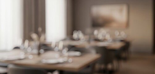 A fully blurred dining room with warm lighting, soft furniture silhouettes, and gentle gradients forming an elegant abstract interior background.