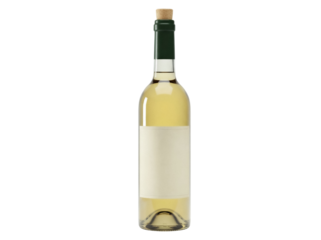 Bottle of white wine isolated PNG, alcoholic beverage with blank label on transparent background, wine bottle mockup for branding and design