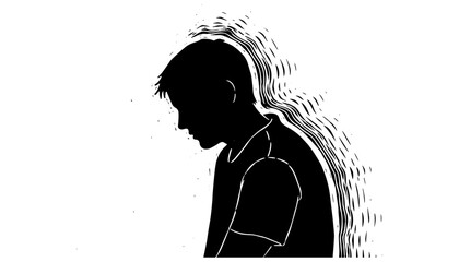 Silhouette of contemplative person in profile with abstract wave pattern