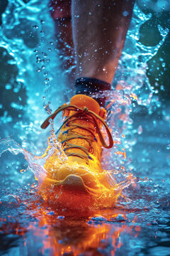 Vibrant athletic shoe splashing through water, showcasing dynamic movement and energy