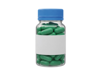 Green capsules in transparent bottle with blue cap isolated PNG, medicine container for healthcare and pharmaceutical industry