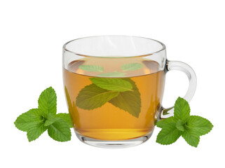 Refreshing mint tea in a glass cup isolated PNG, herbal beverage with fresh green leaves on transparent background