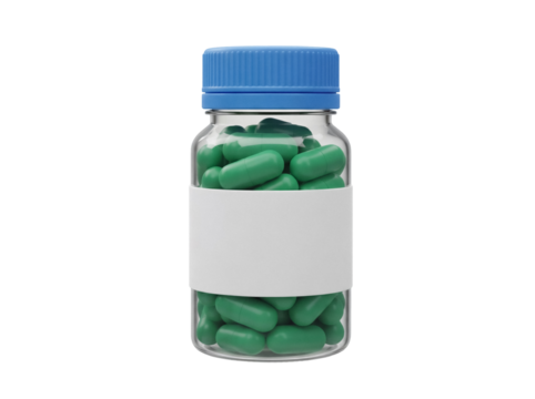 Green capsules in transparent bottle with blue cap isolated PNG, medicine container for healthcare and pharmaceutical industry