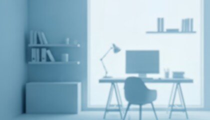 Fototapeta premium A fully blurred home office with cool daylight, hazy desk shapes, and smooth gradients forming a clean, modern abstract workspace background with soft haze.
