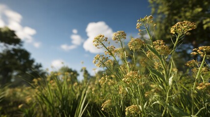 Obraz premium Close up of wildflowers in a sunny field under a blue sky