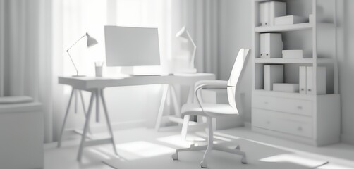 A fully blurred home office with cool daylight, hazy desk shapes, and smooth gradients forming a clean, modern abstract workspace background with soft haze.