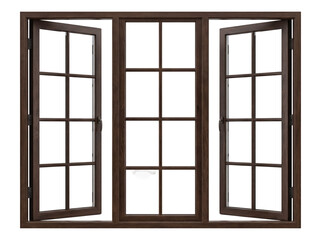 Brown wooden window frame with open side panels isolated PNG, classic interior design element on transparent background © Lily