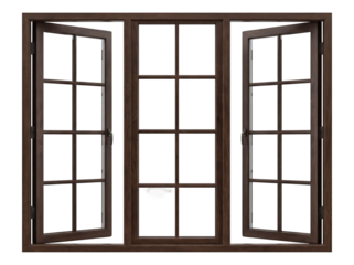 Brown wooden window frame with open side panels isolated PNG, classic interior design element on transparent background