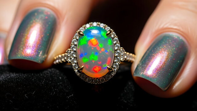 Opal Doublet with Diamond Accents Engagement Ring Iridescent Macro
