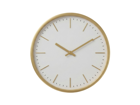 Gold wall clock isolated PNG on transparent background, minimalist design for home decor and timekeeping needs
