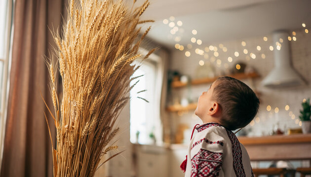 Ukrainian Child Looking At Christmas Wheat Sheaf Didukh Decoration