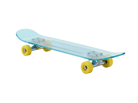Transparent blue skateboard with yellow wheels isolated PNG, cool and modern design for sports and recreation on transparent background
