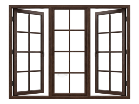 Brown wooden window frame with open side panels isolated PNG, classic interior design element on transparent background