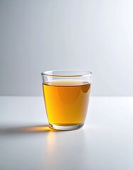 A clear glass filled with vibrant golden liquid stands centered on a stark white surface. Its luminous reflection casts a warm glow. Clean and minimal.