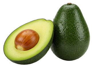 Fresh avocado isolated PNG, one whole and one half with pit on transparent background, healthy eating and vegan lifestyle