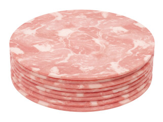 Stack of mortadella slices isolated PNG, delicious Italian cold cut on transparent background, cured pork sausage with peppercorns