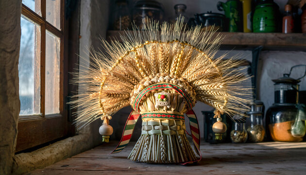 Traditional Woven Straw Didukh Decoration Wooden Table Window