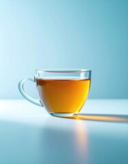Luminous golden tea in a clear cup casts an elongated vibrant shadow on a reflective surface, contrasted by a serene blue backdrop.