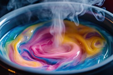 Obraz premium Colorful wax melt swirling inside electric warmer with vibrant pink, yellow, and blue hues creating mesmerizing and soothing visual effect with gentle smoke rising