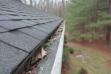 Gutter with Fallen Leaves on Roof in Woodland Setting, Highlighting Seasonal Maintenance.