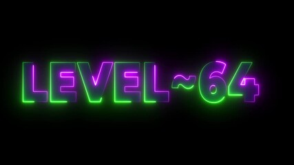 Neon Level 64 Text Animation Glowing Purple Green Retro Gaming Achievement Progress Milestone - Powered by Adobe