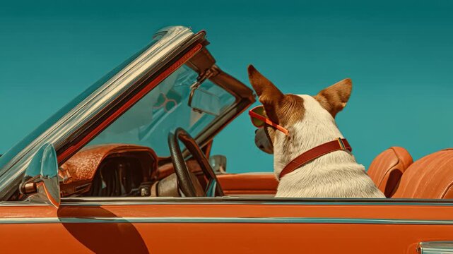 Dog enjoying a sunny day in a classic convertible car with sunglasses on the coast