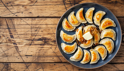 Circle of fried dumplings with caramelized onions and butter on rustic wooden table for Orthodox Christmas dinner