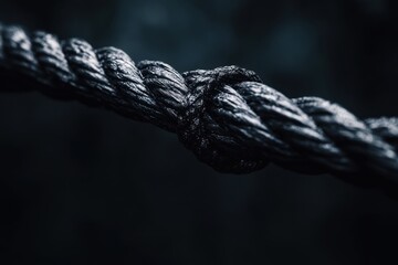 Close up of thick black rope tied in knot with dark blurred background, showing texture and strength in moody atmosphere