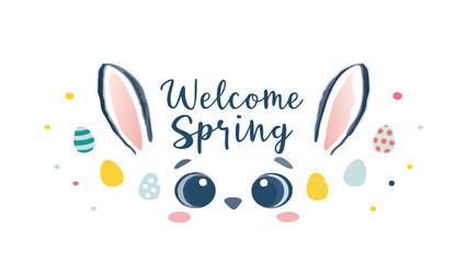 Cute cartoon bunny face with long ears and rosy cheeks surrounded by colorful easter eggs and dots announcing welcome spring season